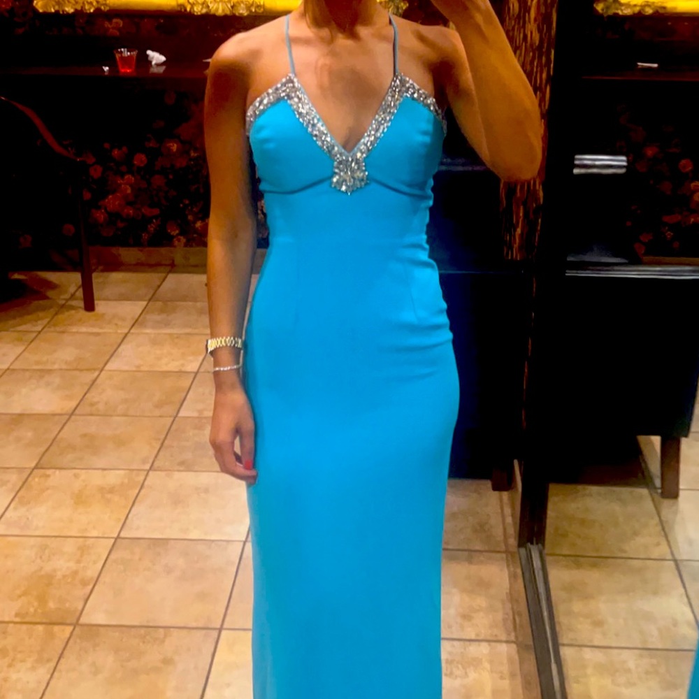 Turquoise Blue Embellished Neckline Gown